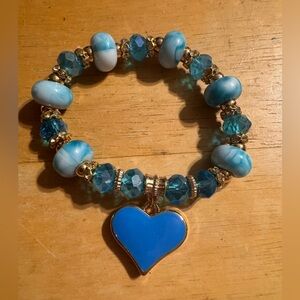 Acrylic Gold Tone Beaded Heart Rhinestone Stretch Bracelet